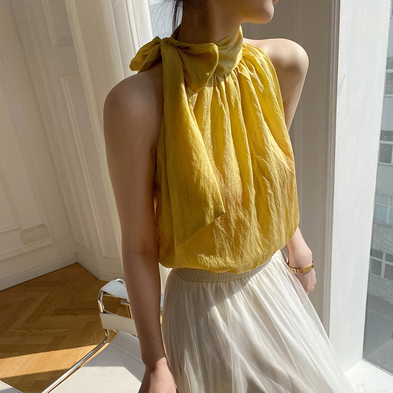 夏季挂脖绑带高级感法式天丝小衫 裙踪魅影背心吊带