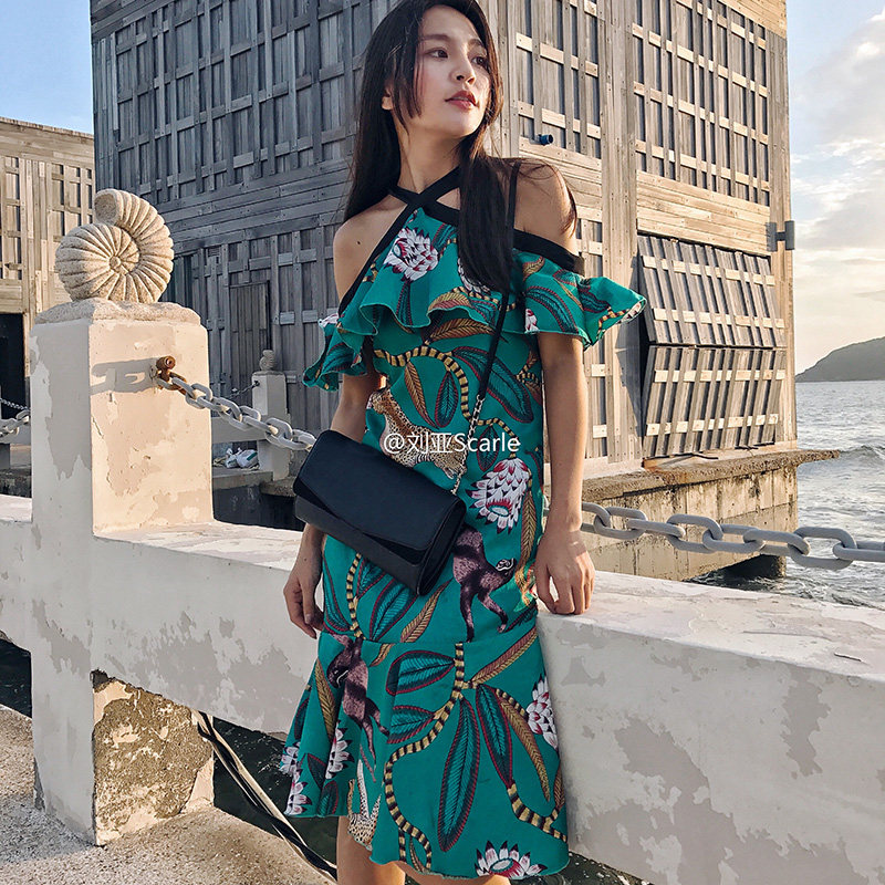 印花鱼尾裙夏度假性感吊带沙滩裙 裙踪魅影连衣裙