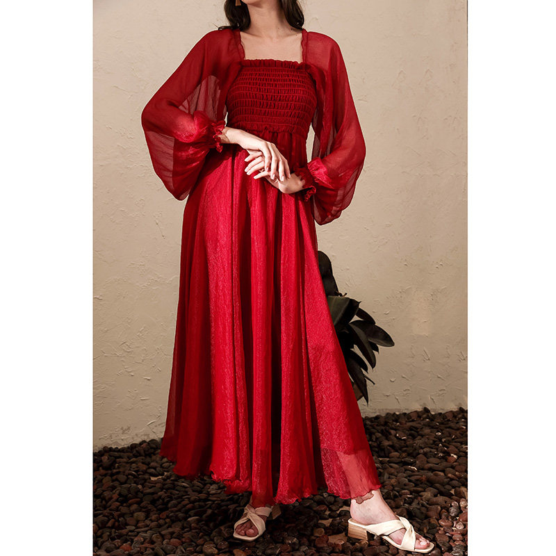 超仙2020新款女法式气质方领连衣裙 裙踪魅影连衣裙