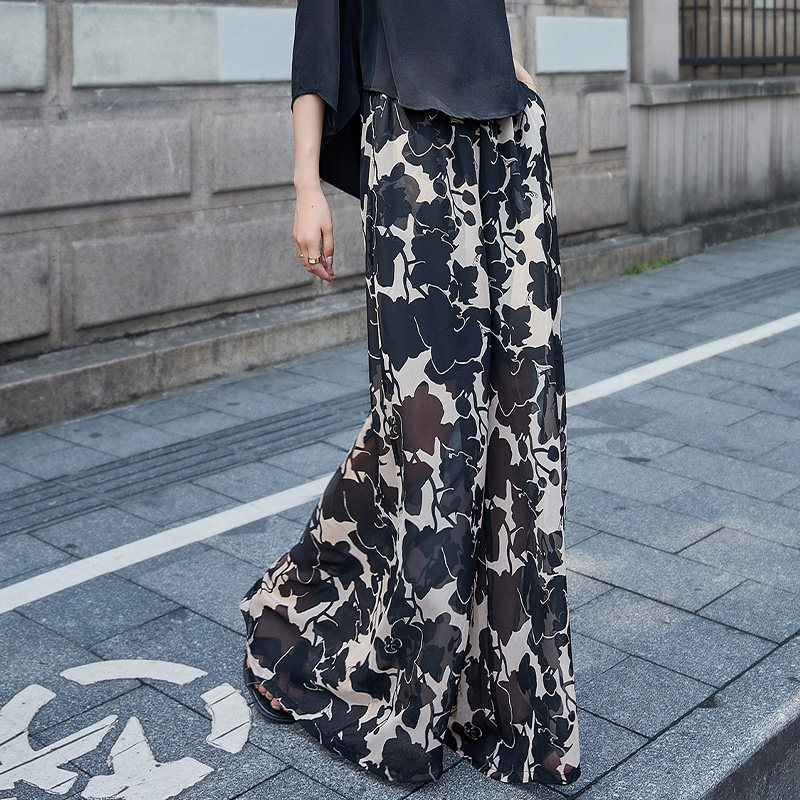 印花夏季垂感宽腿裤度假高腰长裤子 裙踪魅影休闲裤