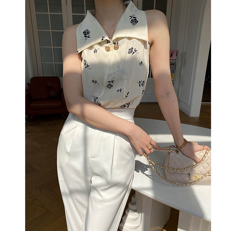 复古削肩无袖夏季港风大翻领衬衫 裙踪魅影蕾丝衫/雪纺衫