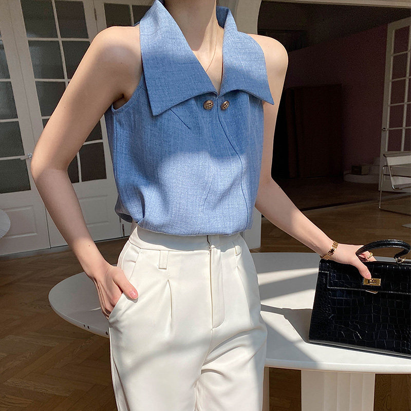 露肩无袖女夏复古气质翻领法式衬衫 裙踪魅影衬衫