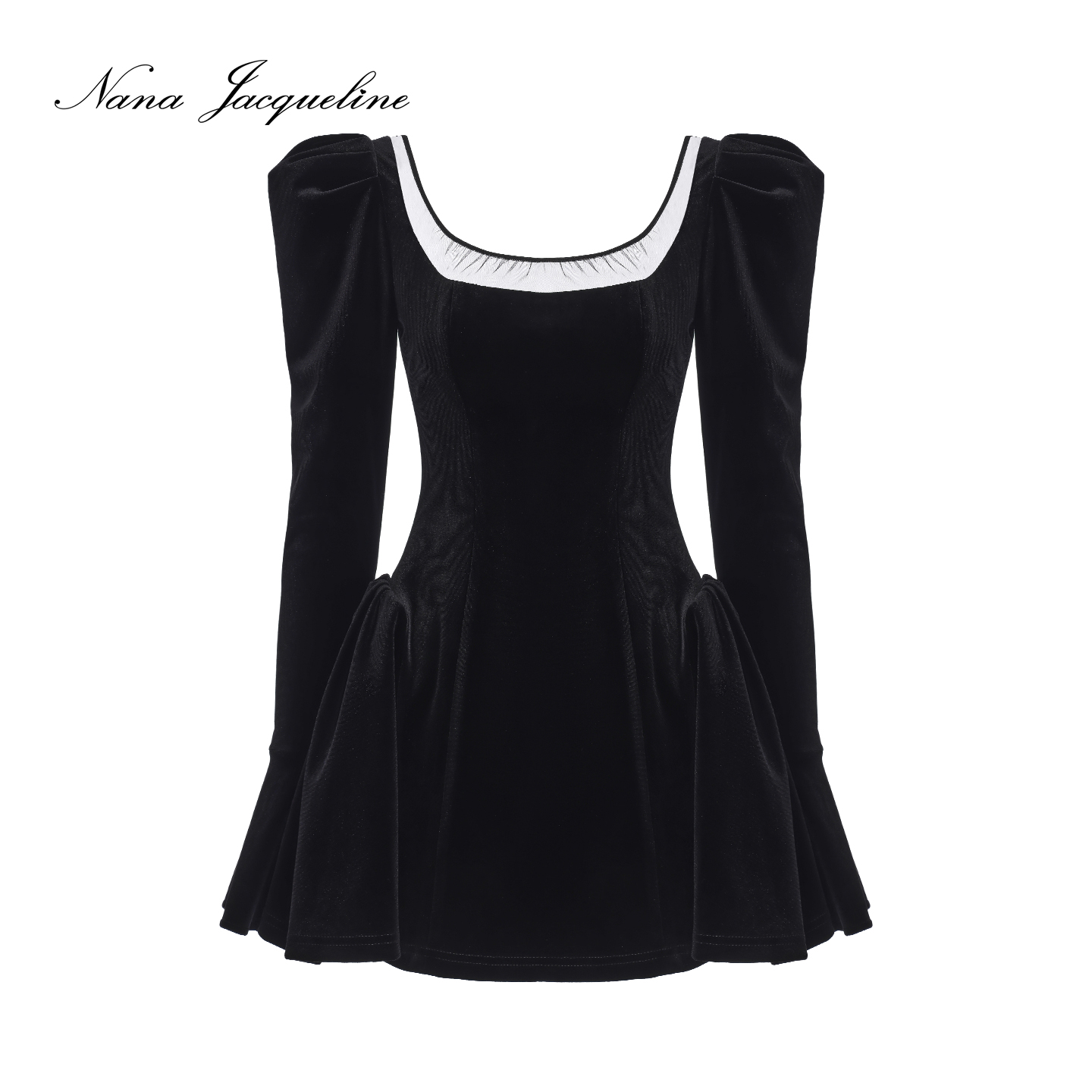 NanaJacqueline冬季新款网纱拼丝绒连衣裙女泡泡袖方圆领复古短裙 - 图3