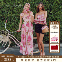 (Sun Yi Tongan) NanaJacqueline Liandress Skirt Woman Printed Agaric Side Collar Harness Long Dress With Headscarf