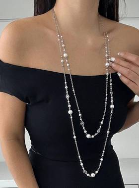 Long necklace imitation pearl chain tassel pendant sweater女