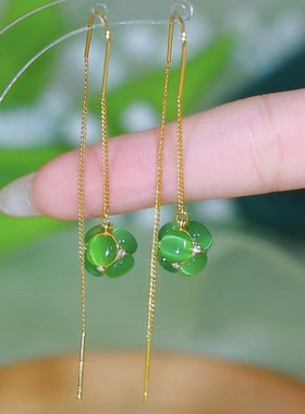 绿色猫眼石圆球耳线925银针花朵