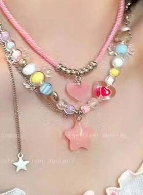 多巴胺粉色爱心双层叠戴项