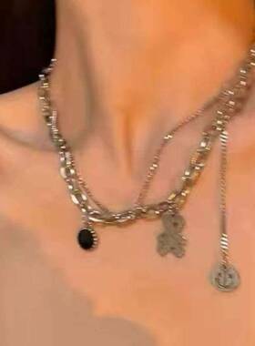 钛钢小熊笑脸项链女ins网