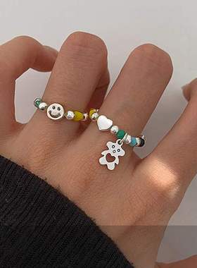 甜酷彩虹戒指女个性气质圆珠爱心小熊创意指环嘻哈食指戒潮