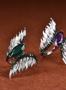 设计师款复古风天使之翼戒指 意大利风925银镶嵌天然彩宝紫晶戒指