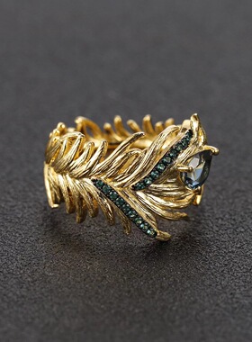 设计师款开口可调节戒指鸾鸟之翎羽小众设计925银天然托帕石戒指