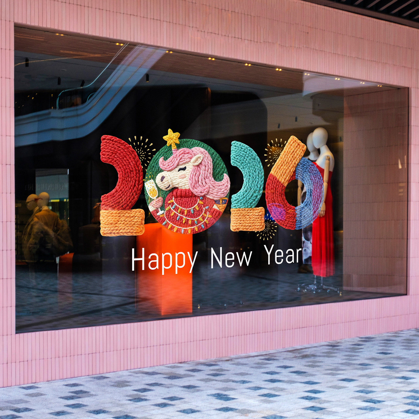 2026元旦窗花创意毛衣风格马年新年时髦设计女装店橱窗美陈物料贴,淘宝优惠券,粉丝福利购,淘宝优惠卷