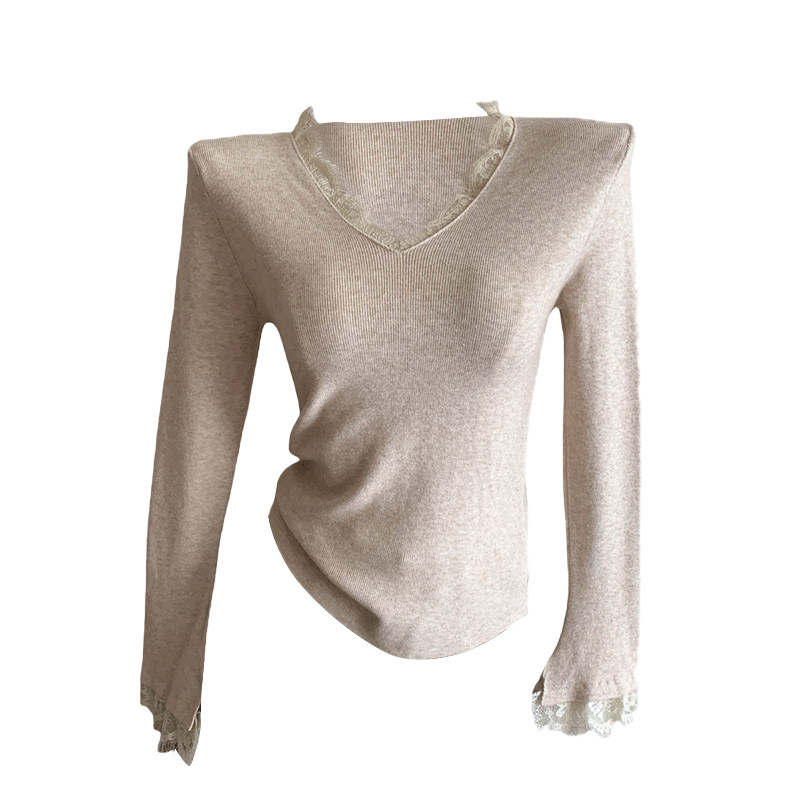 白色V领蕾丝打底衫女内搭2025秋冬新款法式薄款毛衣别致针织上衣,淘宝优惠券,粉丝福利购,淘宝优惠卷