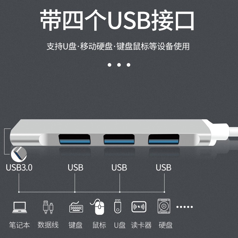 USB3.0扩展器转换接头多口typec笔记本电脑拓展坞多用功能外接U盘一拖四tpc转usb接口hub集分线器 - 图1