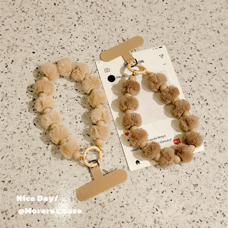 Morerex秋冬手机挂绳毛绒球串珠手链短款手提链毛茸茸挂件串珍珠手串钥匙扣防丢链手机壳吊绳防掉女创意新款,淘宝优惠券,粉丝福利购,淘宝优惠卷