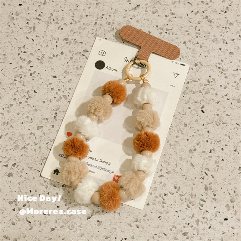 Morerex秋冬手机挂绳毛绒球串珠手链短款手提链毛茸茸挂件串珍珠手串钥匙扣防丢链手机壳吊绳防掉女创意新款,淘宝优惠券,粉丝福利购,淘宝优惠卷