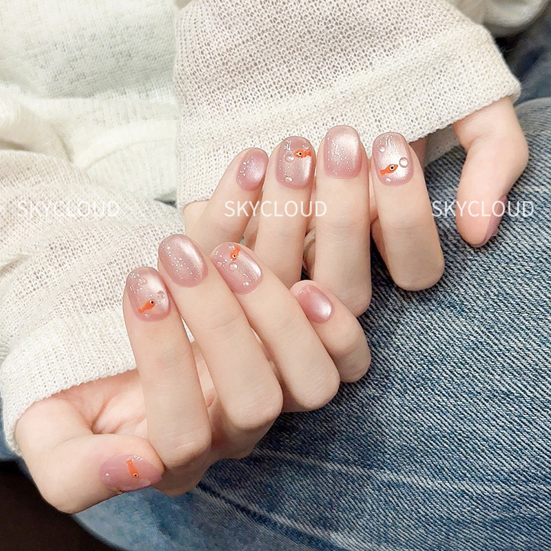 小鱼泡泡猫眼手工穿戴甲短款高级感裸色豆豆美甲2026新款指甲贴片,淘宝优惠券,粉丝福利购,淘宝优惠卷