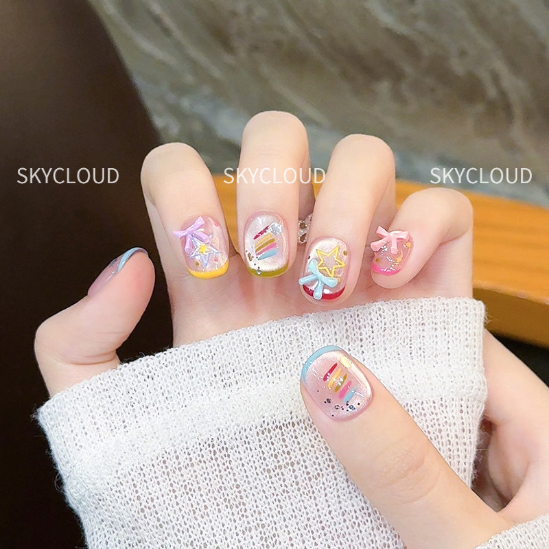 多巴胺彩虹手工穿戴甲2025新款甜美可爱法式美甲成品短款指甲贴片,淘宝优惠券,粉丝福利购,淘宝优惠卷