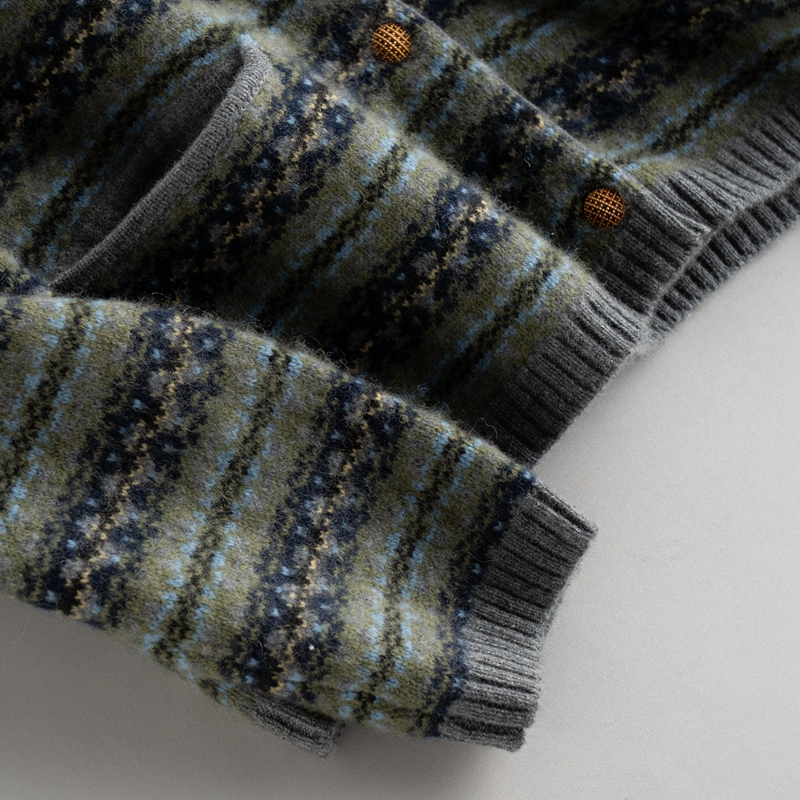 【LP美拉德系列】100%纯山羊绒圆领开衫撞色复古针织提花羊绒毛衣 - 图3