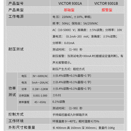 胜利VC9301A交流耐压测试仪 交流5KV高压机耐压仪安规功率测试仪 - 图1