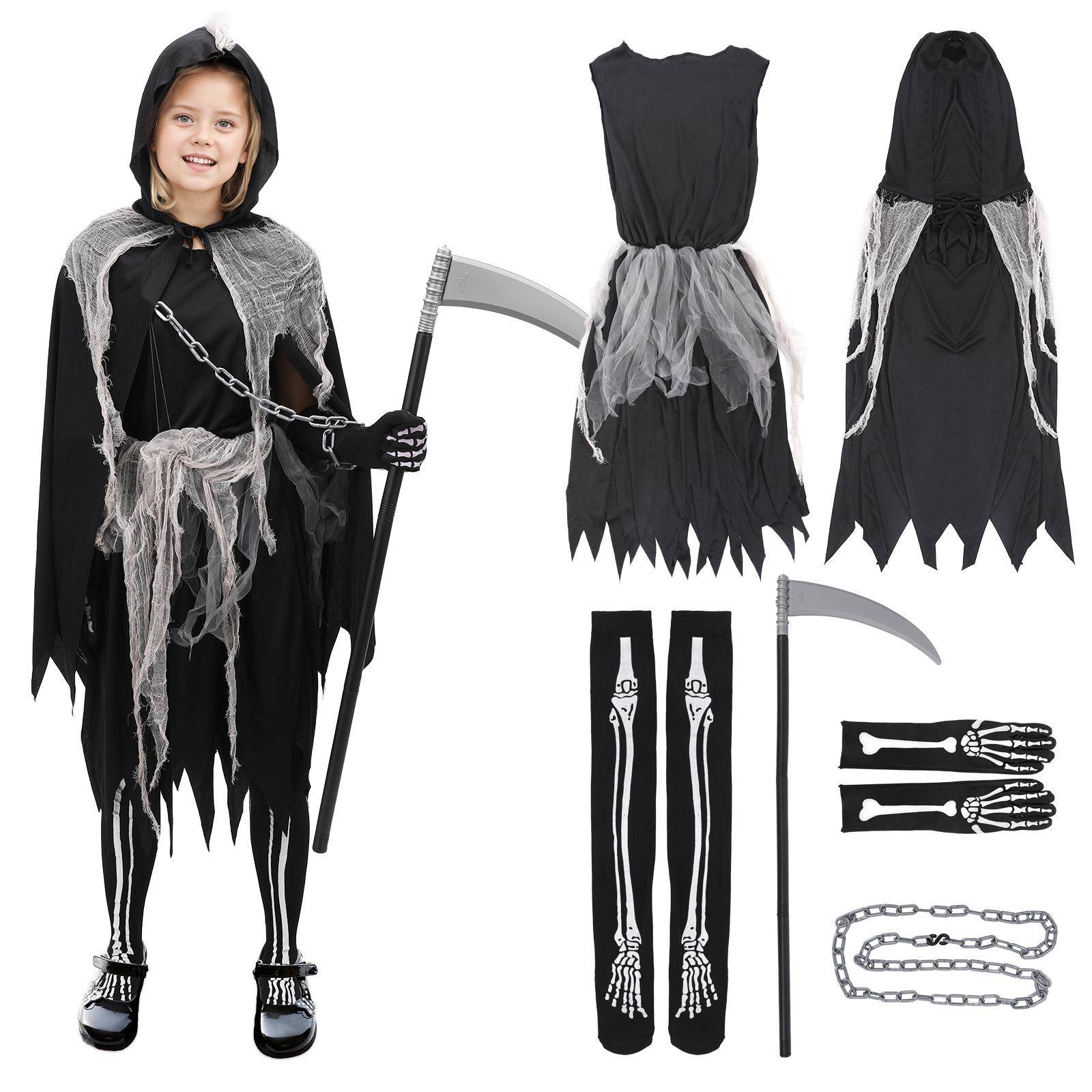新款骷髅死神cos服派对服儿童死亡天使COS扮演角色服装舞台表演服 - 图0