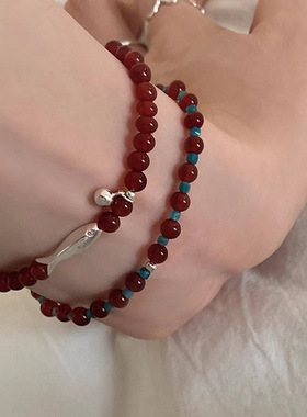 英国topwhits925银红玛瑙小鱼磷灰石手链女ins国风小众高级感