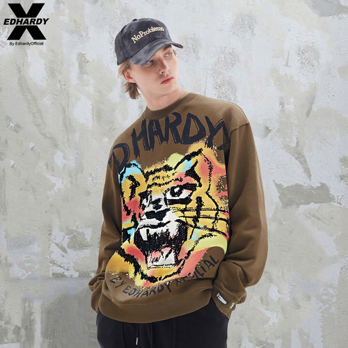 EDHARDY X2025秋季新款涂鸦咆哮虎头烫钻印花圆领国潮设计感卫衣 - 图1