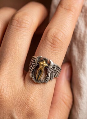 国风潮铜镀银手工饰品泰银色天使翅立体戒指环圈街头朋克风情侣礼