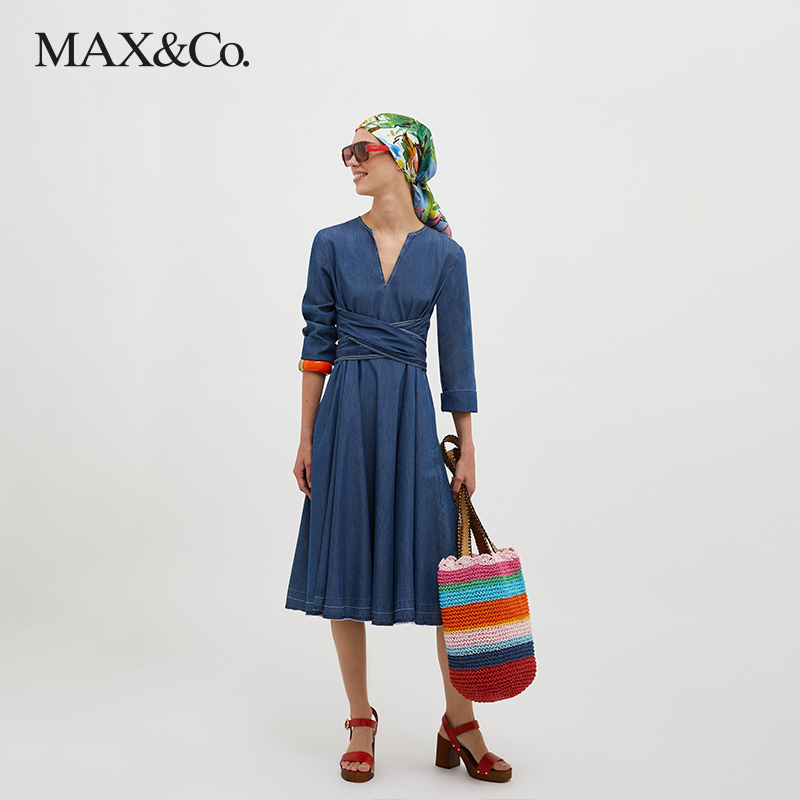 MAX&Co.2023春夏新款棉质V领牛仔连衣裙7221113003001maxco-图0