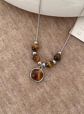 虎眼石皮革串珠项链女秋冬复古