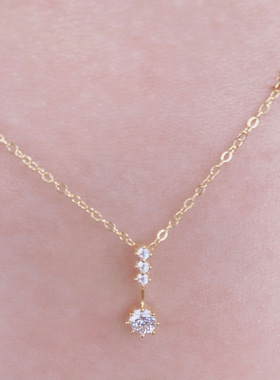 S925纯银项链镀14k金色新款唯美轻奢四钻锆石吊坠热卖同款