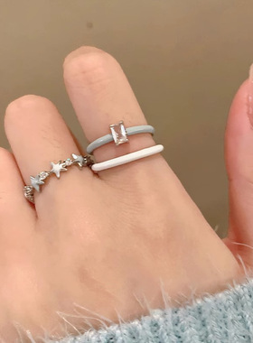 蓝色滴釉锆石星星戒指女小众设计开口食指戒网红时尚个性套装指环