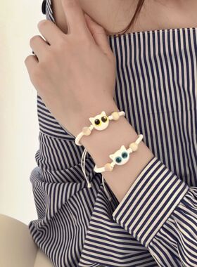 白色猫咪编织绳手链女新中式小众设计高级感简约时尚百搭手饰