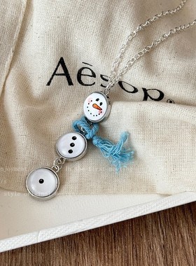 秋冬设计感白色雪人纽扣项链女小众简约可爱复古时髦圣诞节毛衣链