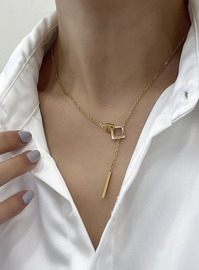 小众设计感方形几何项链女轻奢长款锁骨链复古简约气质时尚配饰品
