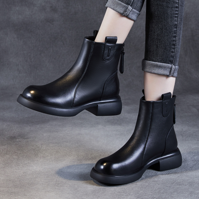 真皮切尔西靴女秋冬新款牛皮英伦风短靴黑色马丁靴软底软皮瘦瘦靴 - 图0