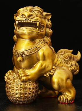 铜狮子滚绣球 古铜器 门狮一对家居办公玄关装饰工艺品铜立狮子