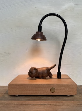 木雕猫咪元素可爱充电小夜灯木质创意礼品原木质实木充电夜灯摆件