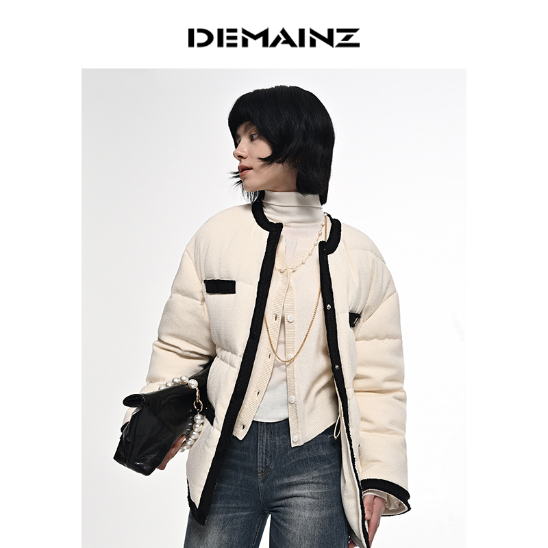 DEMAINZ地缦鹅绒羽绒服女秋冬高品短款撞色粗花呢小香风外套