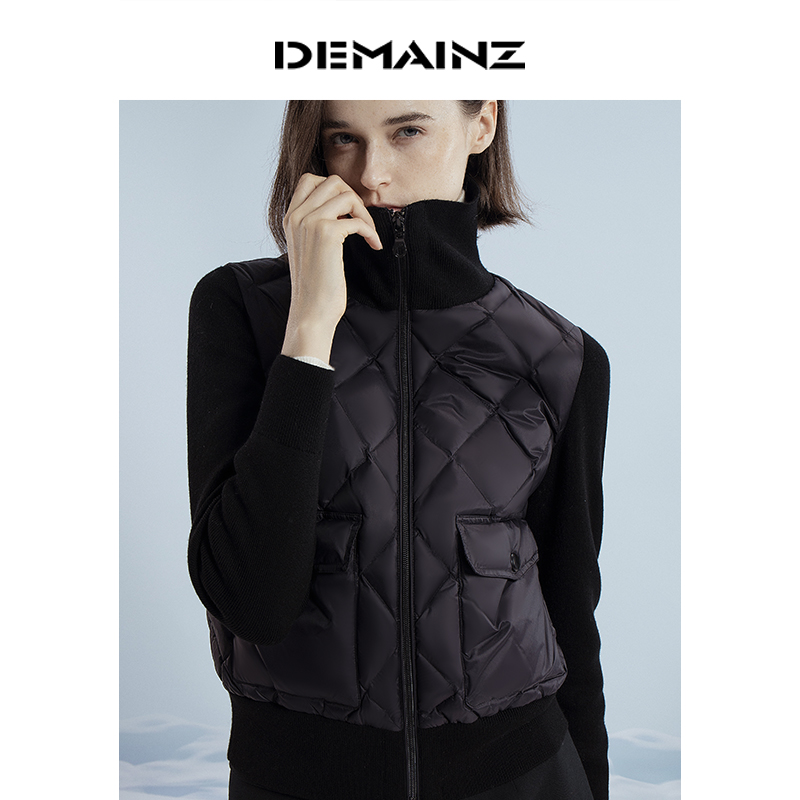 DEMAINZ地缦高品白鹅绒轻薄短款羽绒服女拼接针织秋冬季新款