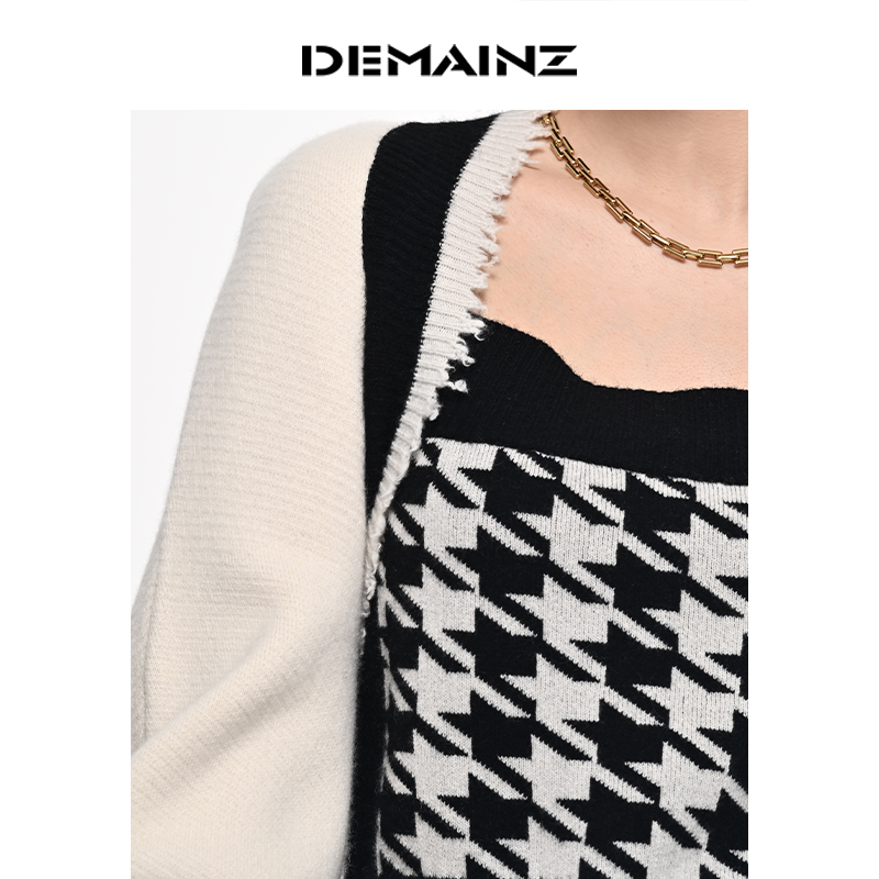 DEMAINZ地缦加厚羊绒衫女经典黑白撞色千鸟格春秋冬新款毛衣上衣