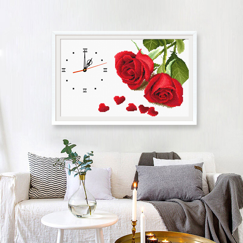 十字绣2023新款钟表浪漫情侣客厅卧室餐厅小幅玫瑰花卉小件简单绣
