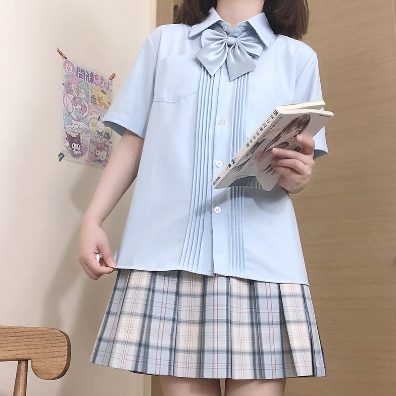 LF原创JK制服基础款衬衫短袖风琴褶女生白衬衣百搭日系学院风毕业