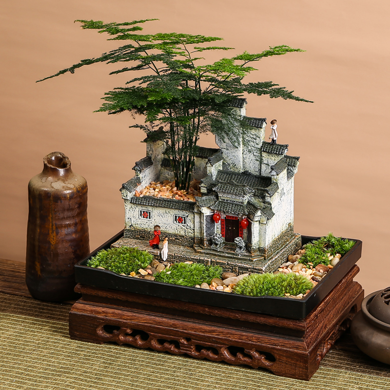 中式微景观盆景办公室桌面绿植盆栽客厅装饰摆件江南徽派微缩花盆 - 图3