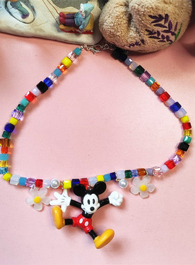 米老鼠彩色水晶串珠项链原创手作