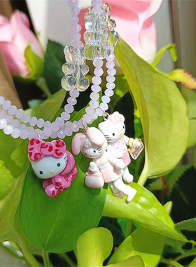 手作豹纹kitty猫咪粉色串珠项链