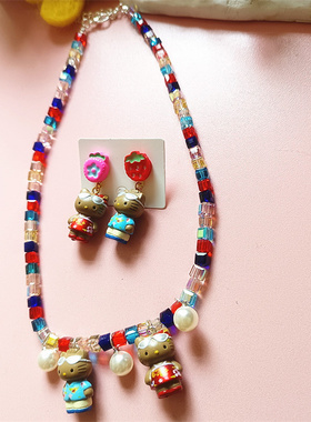 原创卡通kitty猫水晶串珠项链女