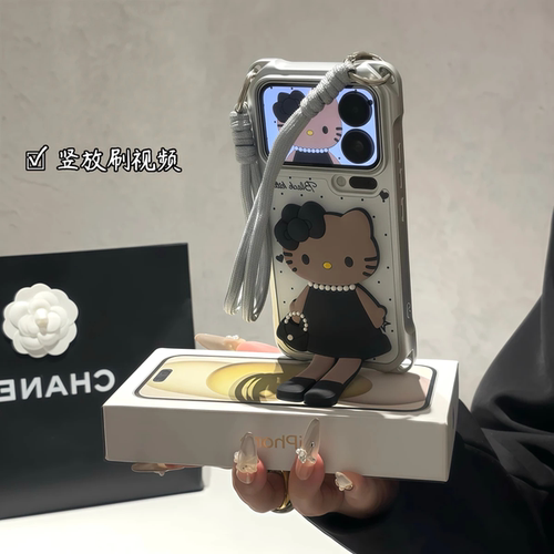 黑皮猫咪适用华为mate80promax手机壳Pura90四角挂绳Pura70卡通支架iphone17/16pm斜跨nova15手提14荣耀600女 - 图0