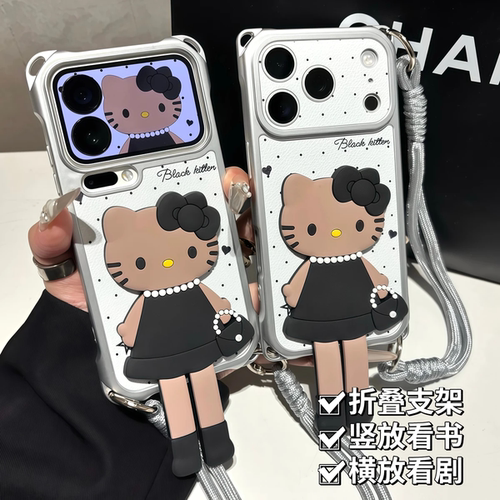 黑皮猫咪适用华为mate80promax手机壳Pura90四角挂绳Pura70卡通支架iphone17/16pm斜跨nova15手提14荣耀600女 - 图3