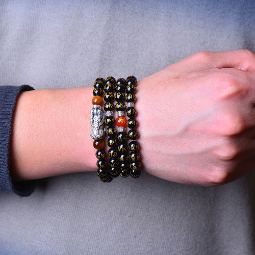 黑曜石六字真言貔貅手链男纯银皮丘佛珠转运珠黑玛瑙手串生日礼物 - 图1
